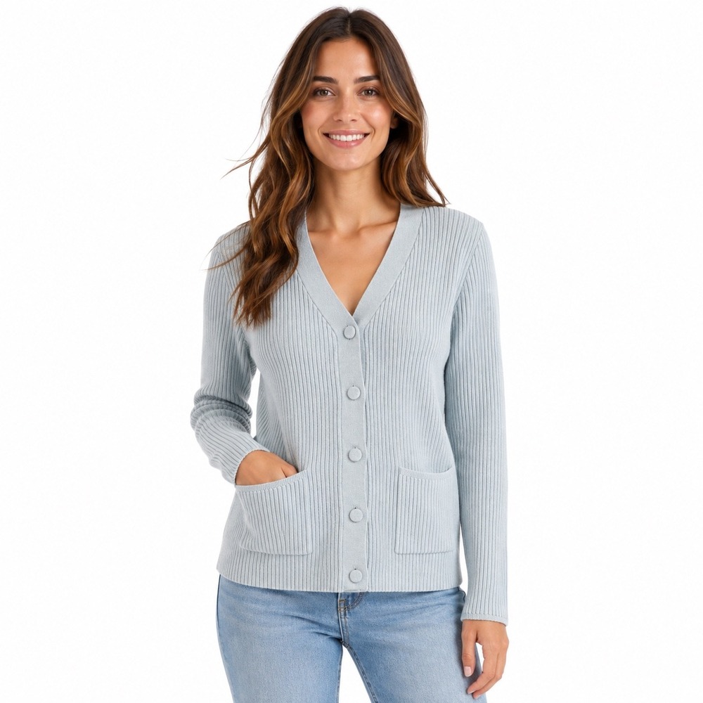 Metric Knits Medium Gray Ribbed V-Neck Button Front Cardigan Warm Sweater